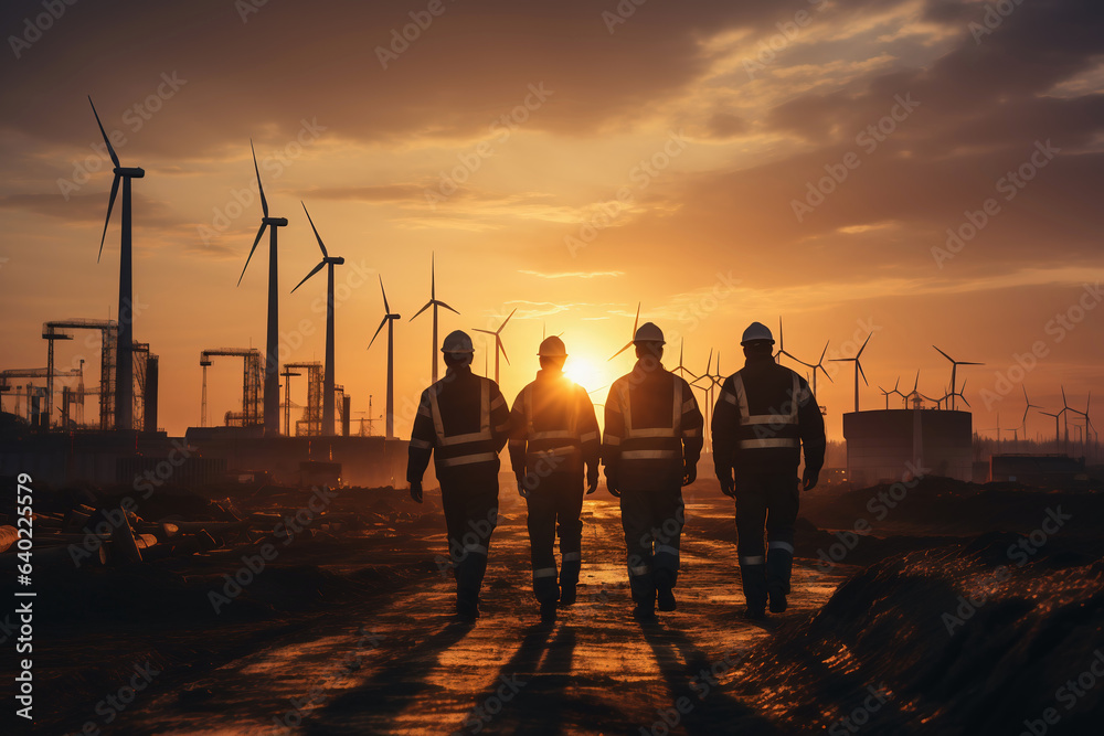 Engineers team working in wind farm at sunset - Generative AI