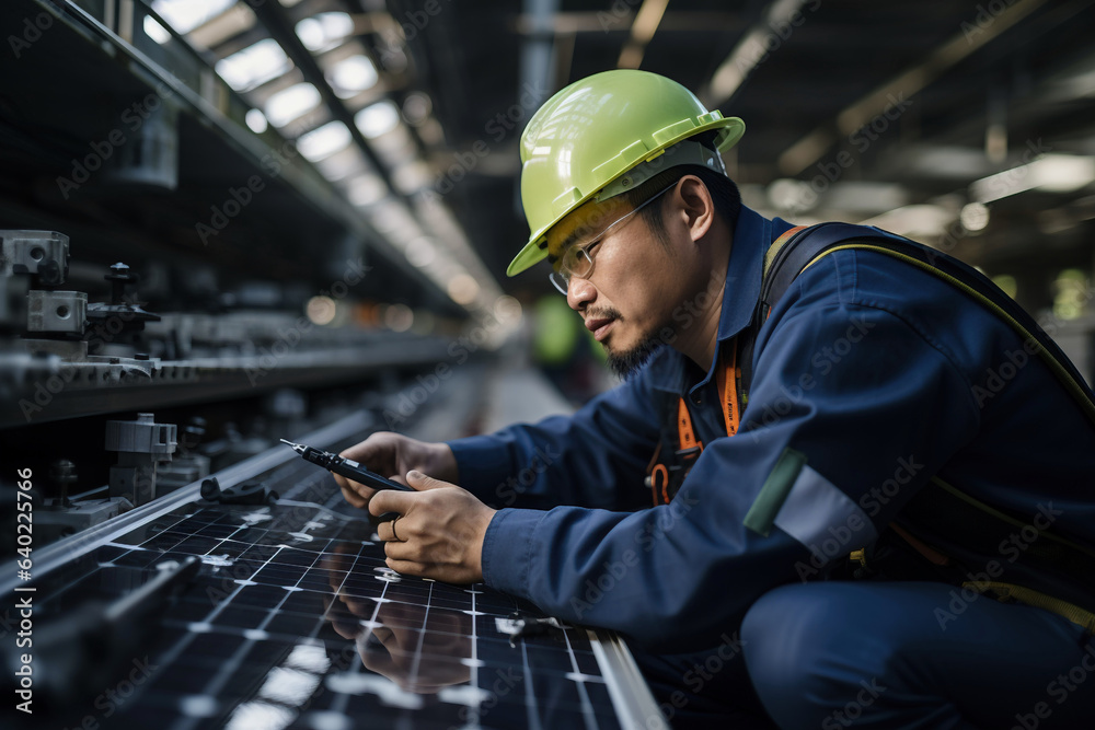 Asian engineer developing and checking a photovoltaic solar panel - Generative AI