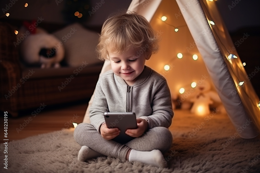 In a warm and cozy indoor space, a cute two-year-old toddler is sitting on the carpet. His holding a