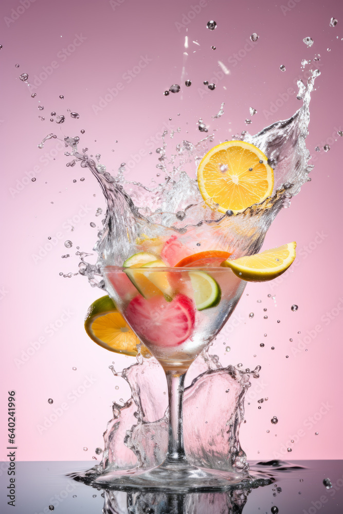 Cocktail drink in cocktail glass on pink background