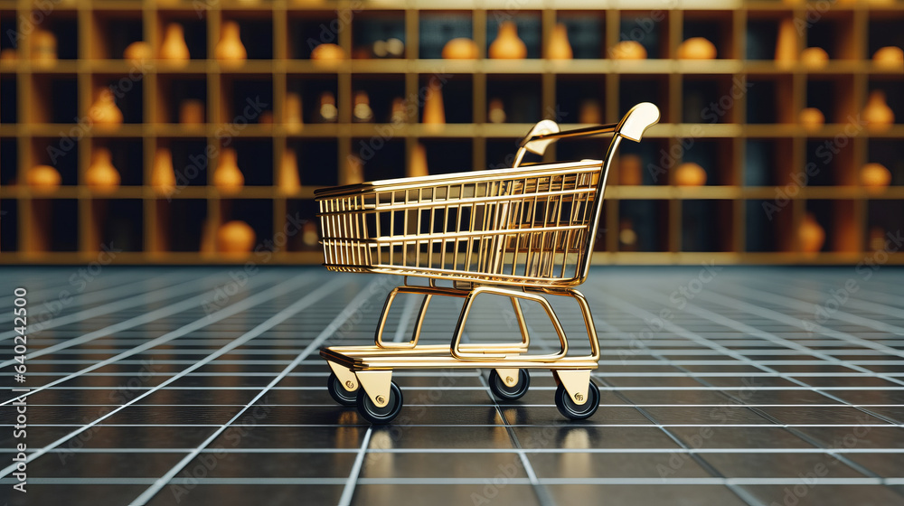 golden shopping cart and supermarket as a background