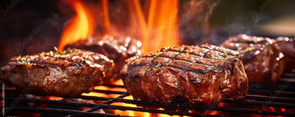 Grilled Steak with herbs cooking over flaming grill