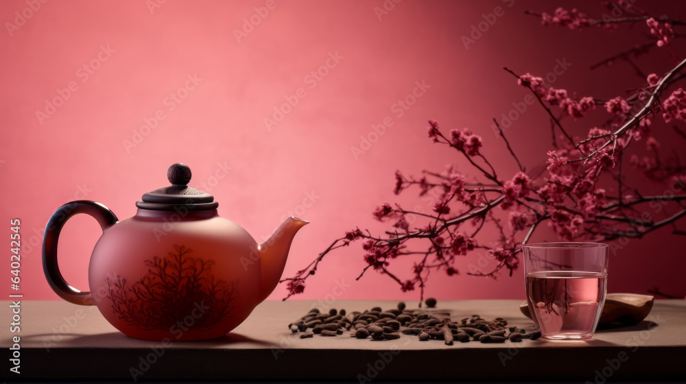 A cup of tea and flowers on pink background