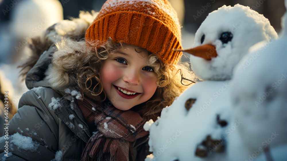 Enchanting little girl creating her first snowman in a dreamy snowy forest, amidst colorful spotligh