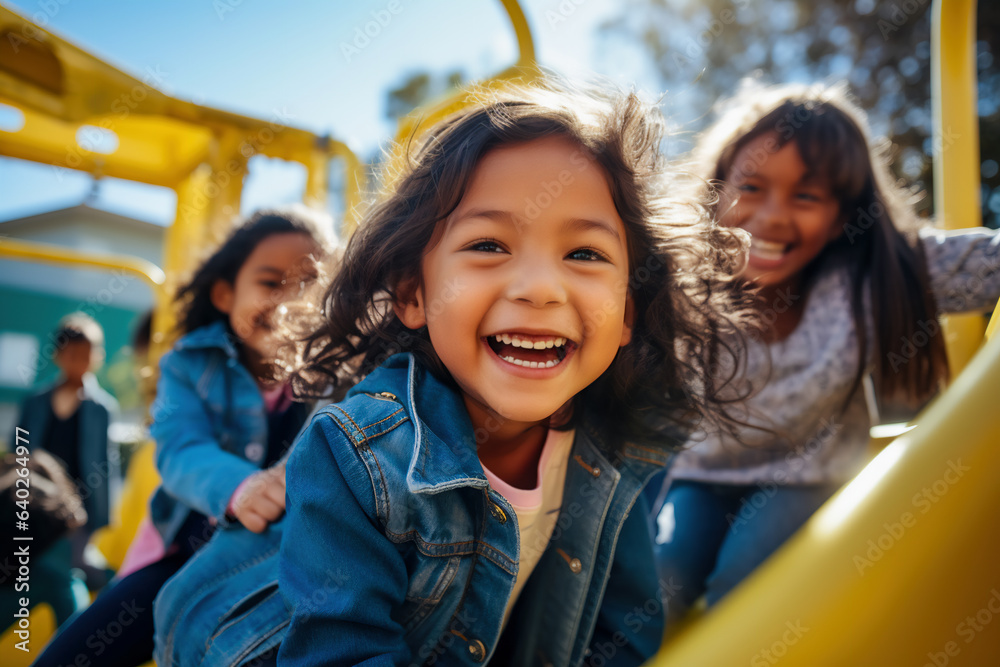 Kids having a fun time together. Group of diverse Kids playing together on a playground	