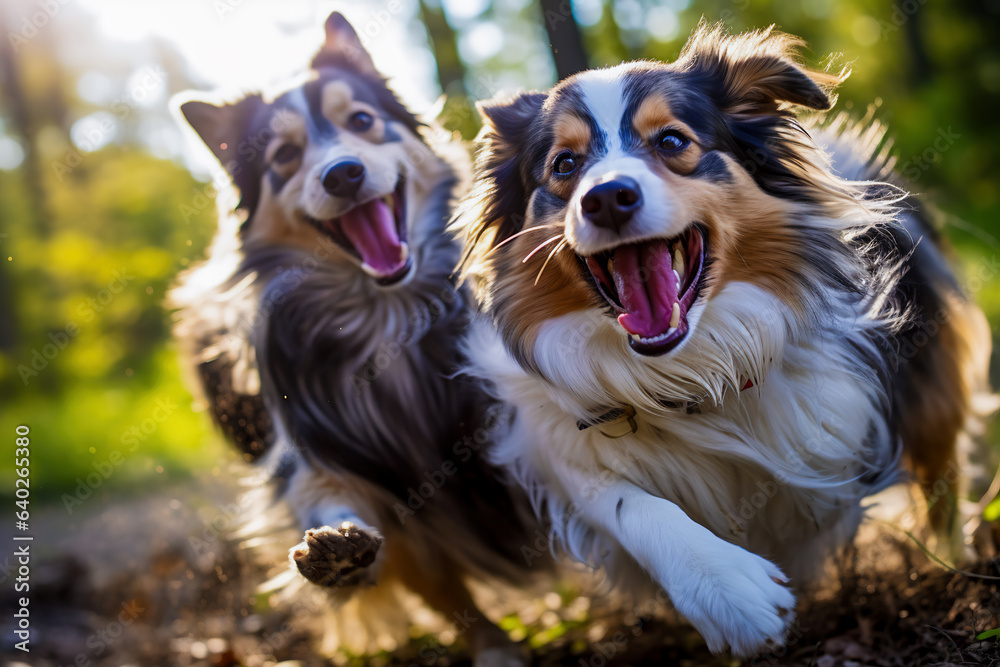 Two small happy dogs playing together outdoors	