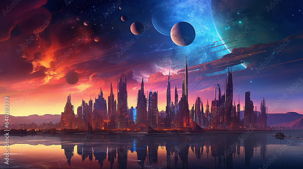 Galactic Cityscape: Fantasy Night Lights Blend with Cosmic Skies