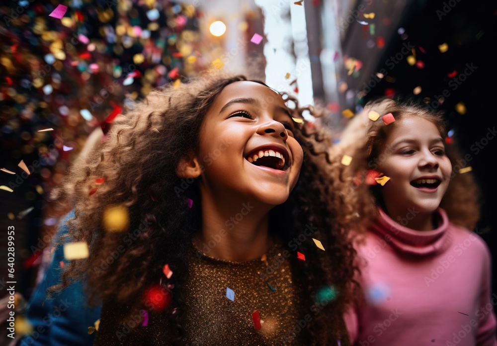 Kids blowing confetti from hands. Friends celebrating outdoors in evening at a terrace.