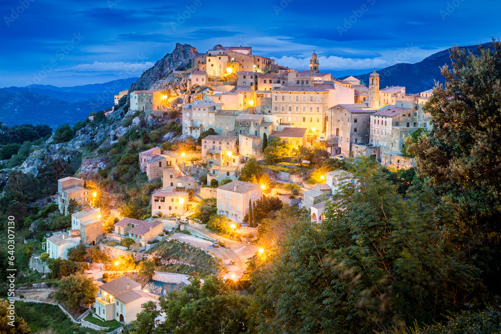 Ancient mountain village of Speloncato in evening lights in the Balagne region of Corsica island, Fr