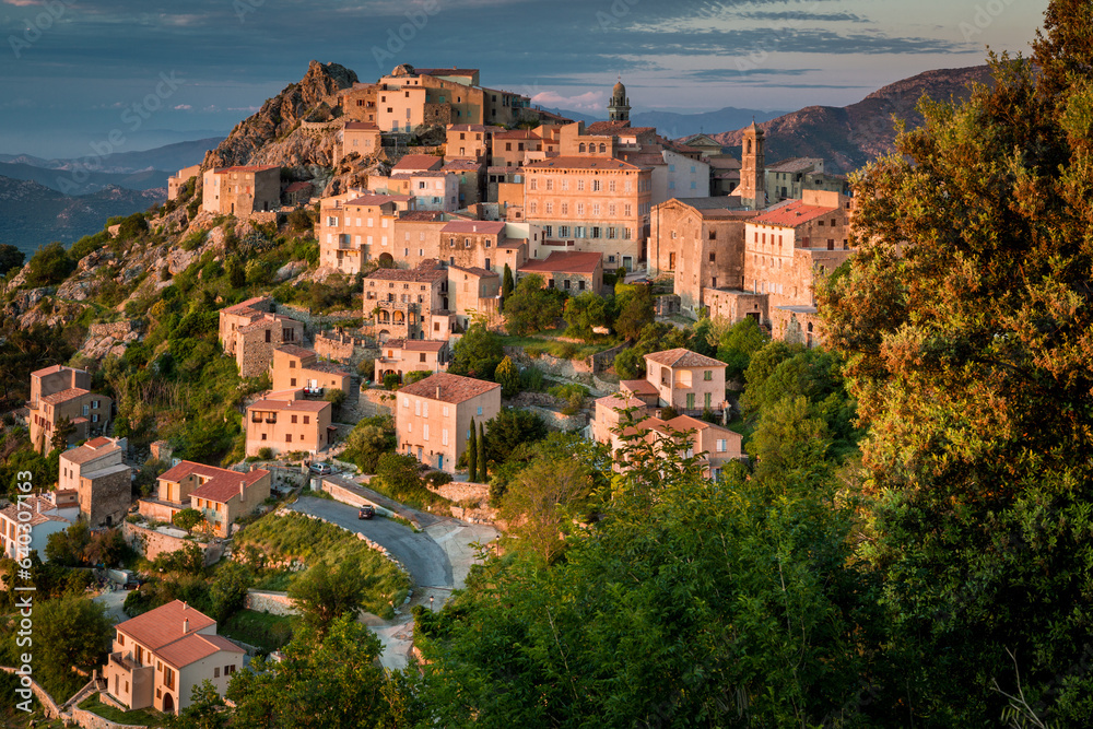 Ancient mountain village of Speloncato in evening lights in the Balagne region of Corsica island, Fr