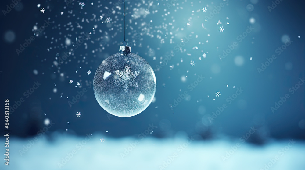 Beautiful Christmas bauble hanging on the background with snow sparkles. Xmas wither holiday card wi