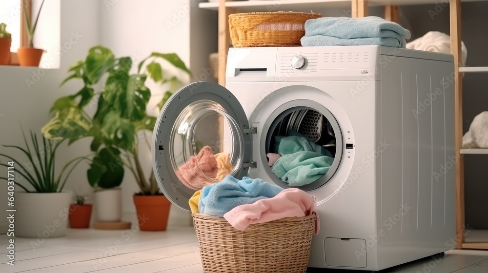 Laundry basket with dirty clothes and washing machine in restroom.