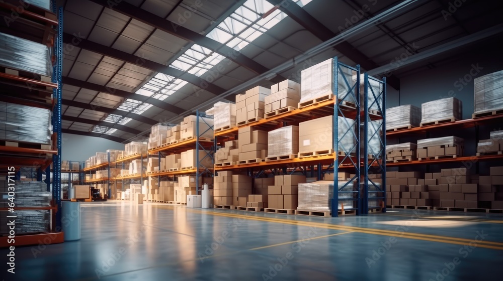 Distribution warehouse, A large warehouse with numerous items, Rows of shelves with boxes, Logistics