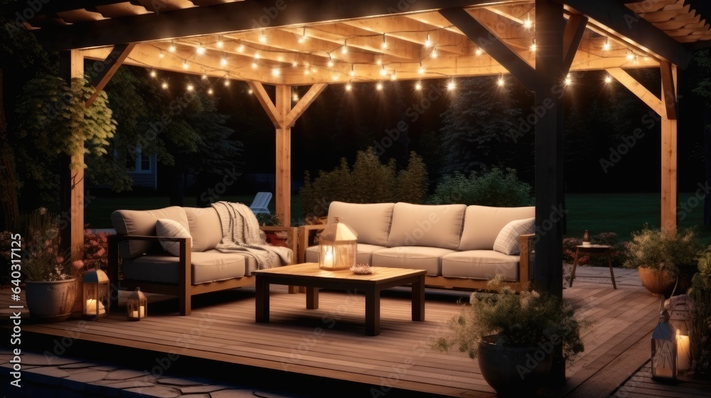 Simple patio furniture and string lights surrounded by greenery at night.