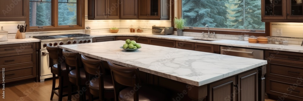 Kitchen interior with brown cabinets granite countertop island and hardwood floor at modern house.