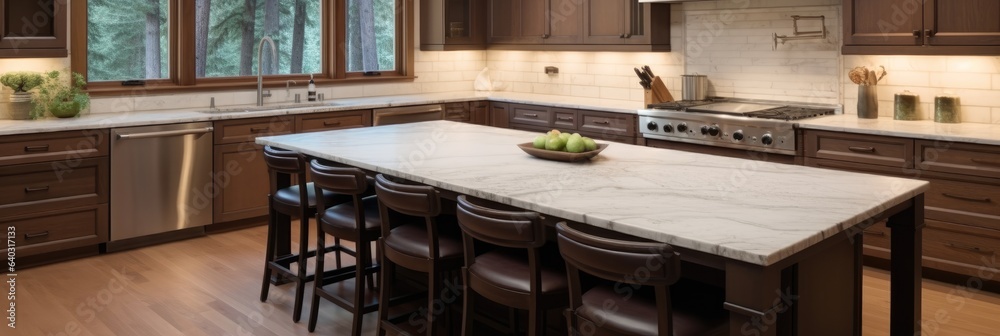 Kitchen interior with brown cabinets granite countertop island and hardwood floor at modern house.