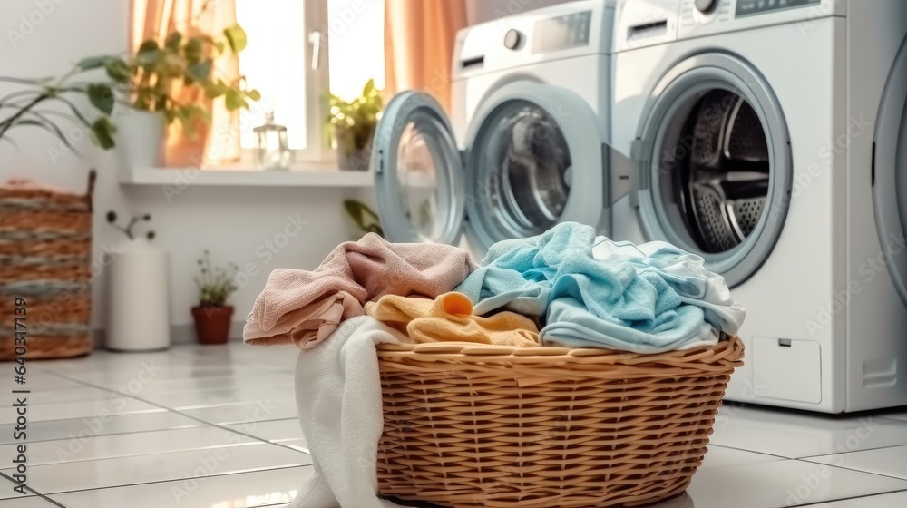 Laundry basket with dirty clothes and washing machine in restroom.