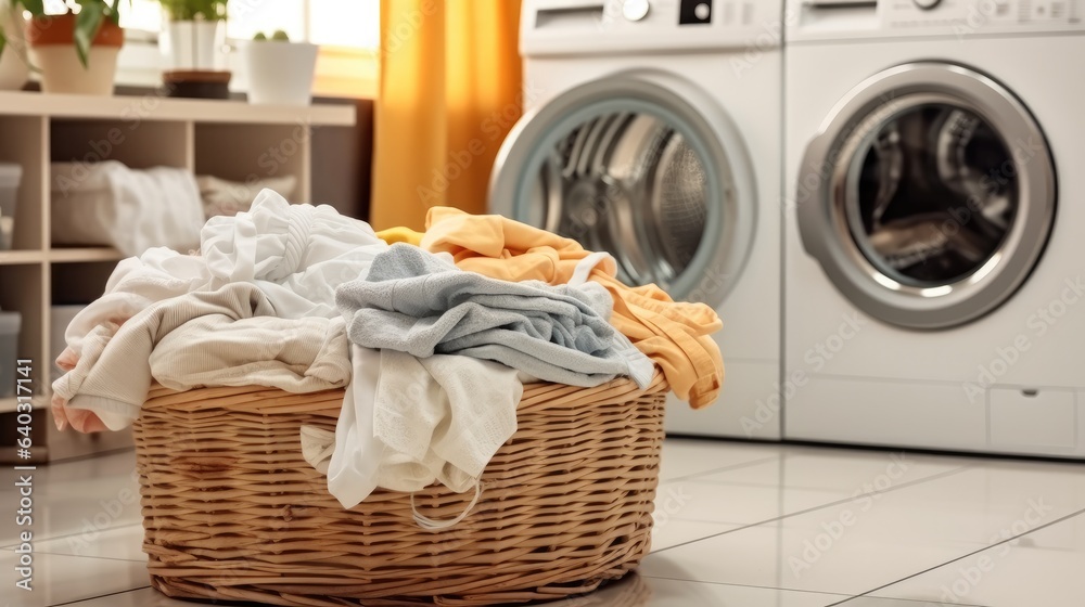 Laundry basket with dirty clothes and washing machine in restroom.