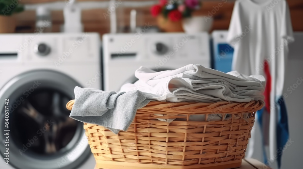 Washing machine and laundry basket in laundry room at home.