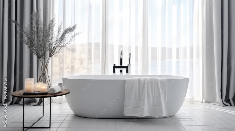 Modern of bathroom with white sink, Bathtub and shelving units.