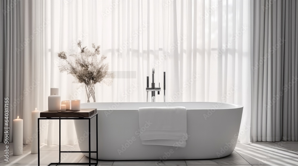 Modern of bathroom with white sink, Bathtub and shelving units.