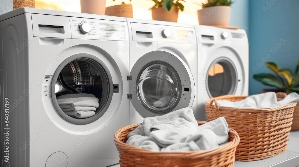 Laundry basket with dirty clothes and washing machine in restroom.