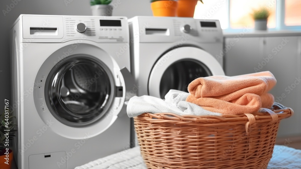 Laundry basket with dirty clothes and washing machine in restroom.