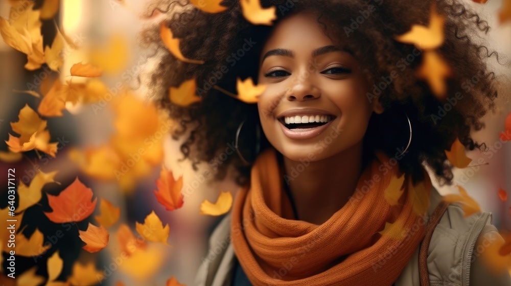 Beautiful black woman smiling in autumn leaves, Orange autumn tones.