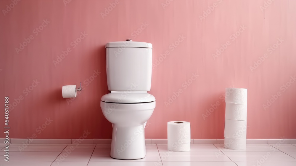 Modern toilet room interior, Ceramic toilet bowl and paper rolls near pink wall.