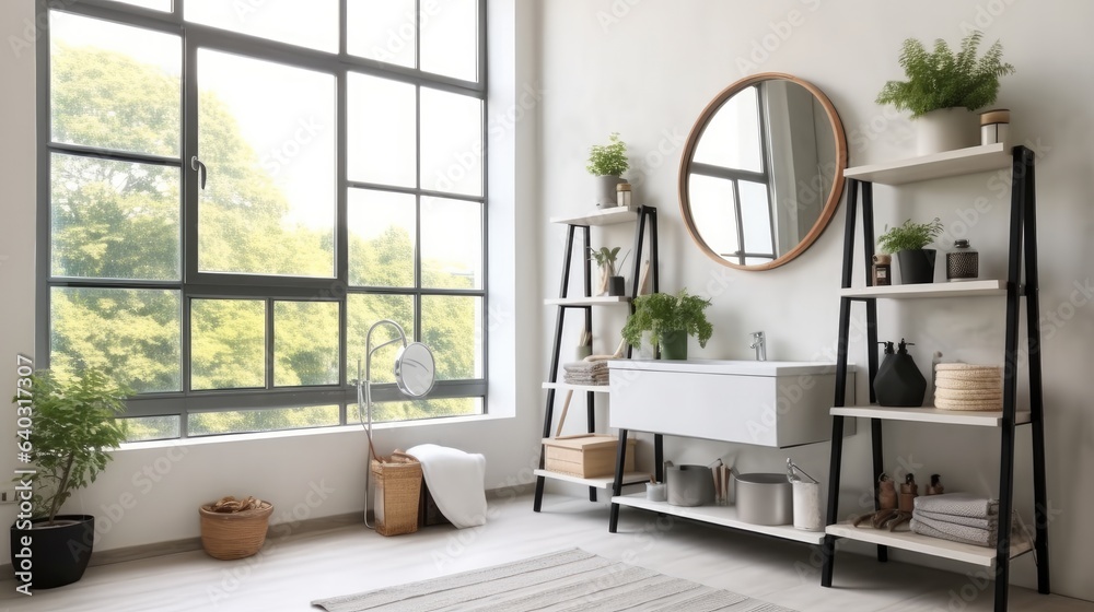 Interior of an elegant bathroom, Sink bowl on wooden cabinet and shelving unit.