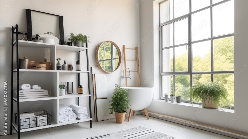 Interior of an elegant bathroom, Sink bowl on wooden cabinet and shelving unit.