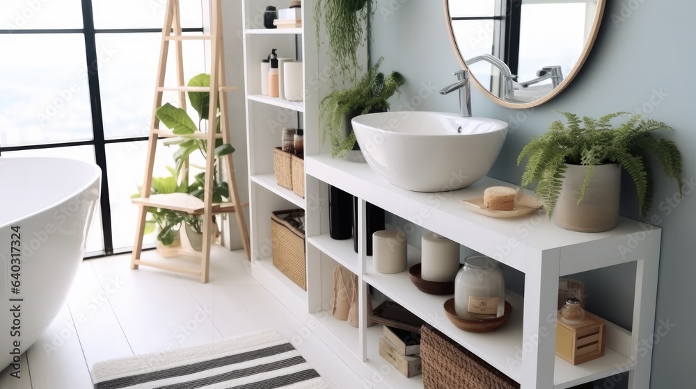 Interiors of a bathroom, Bathroom with sink bowl on wooden cabinet and shelving unit.