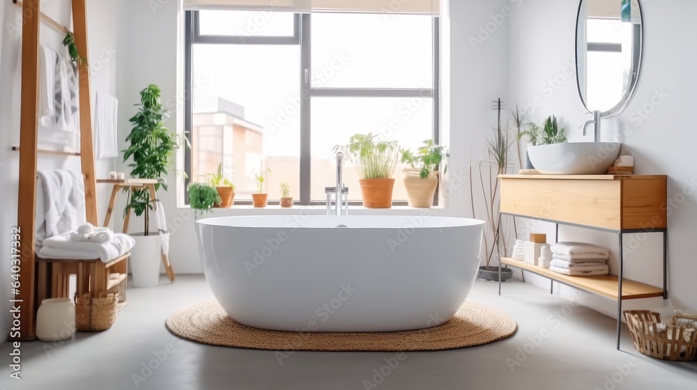 Modern Bathroom with White Bathtub and Sink.