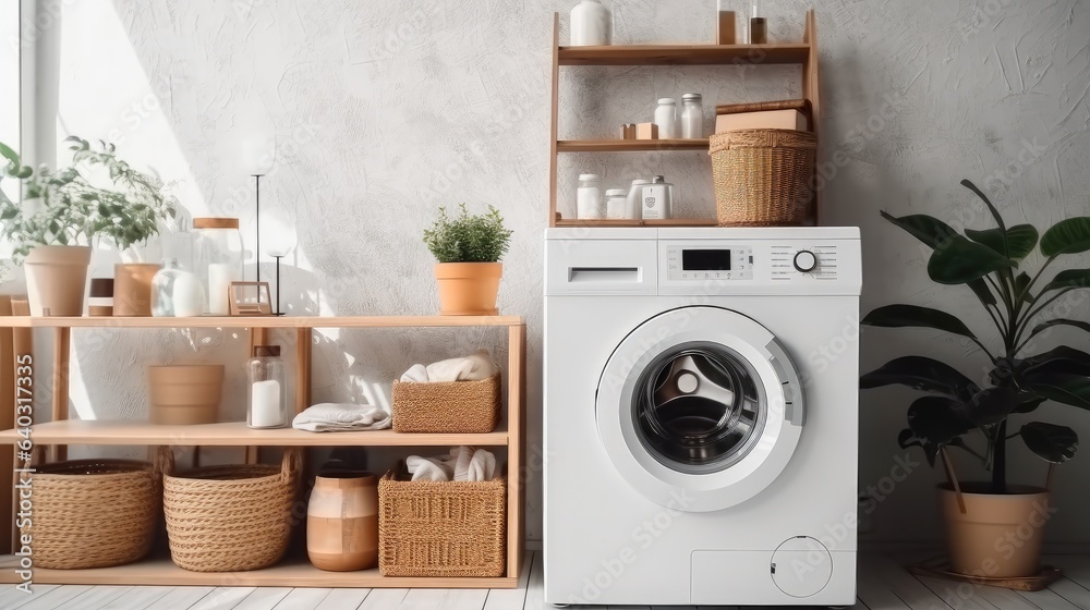 Laundry room with washing machine and laundry basket.