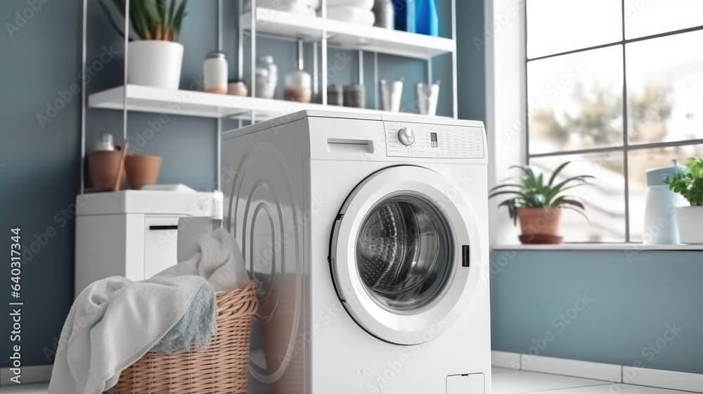 Modern Bathroom With Washing Machine.