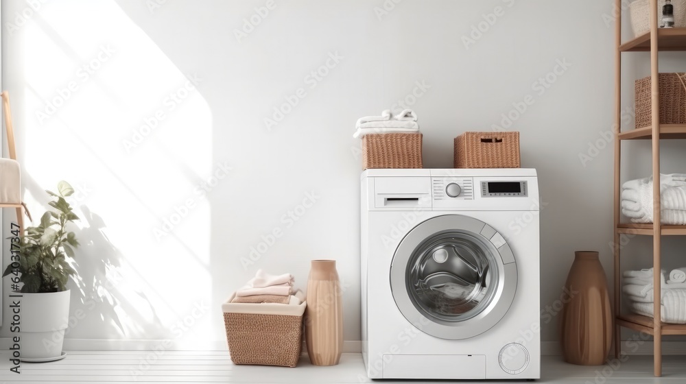 Laundry room with washing machine in modern house.