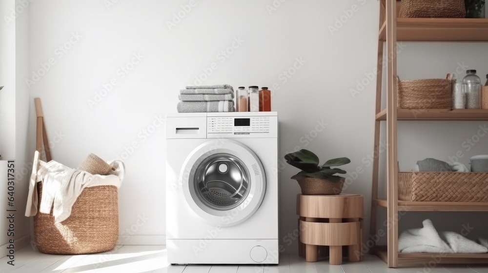 Washing machine and laundry basket in laundry room at home.