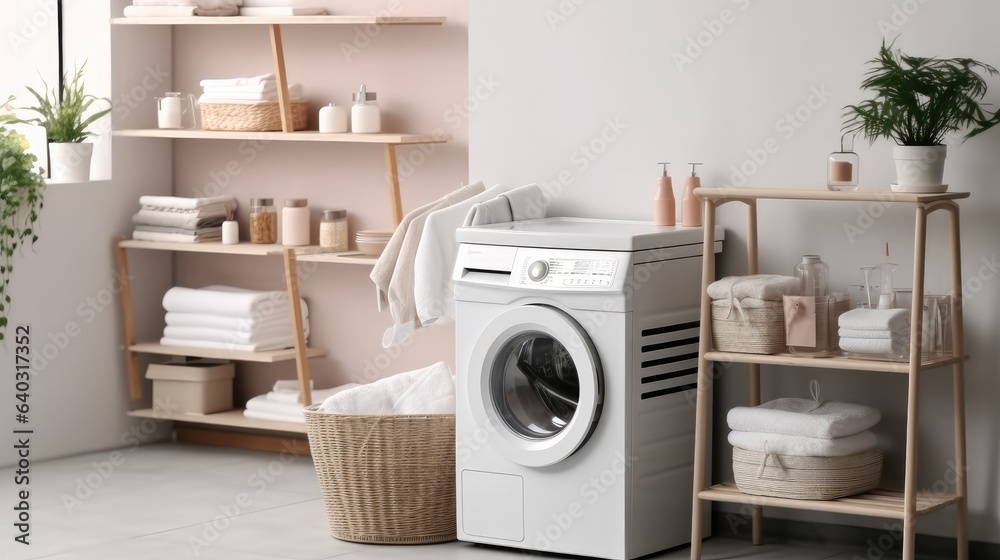 Washing machine and laundry basket in laundry room at home.