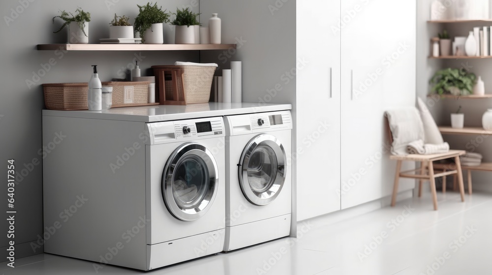 Washing machine and laundry basket in laundry room at home.