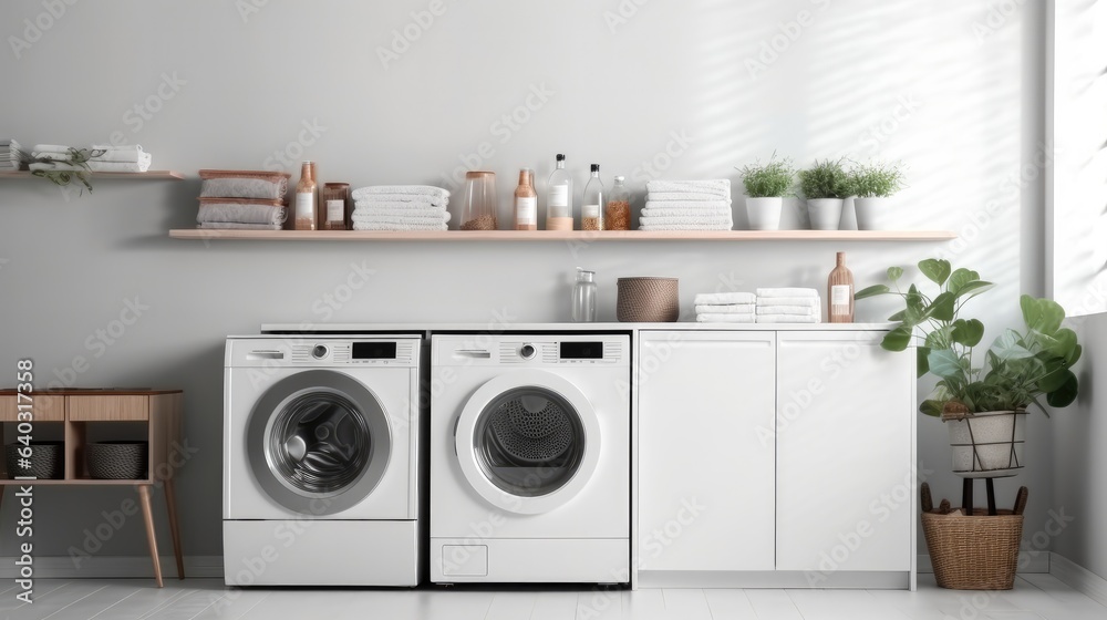 Laundry room with washing machine in modern house.