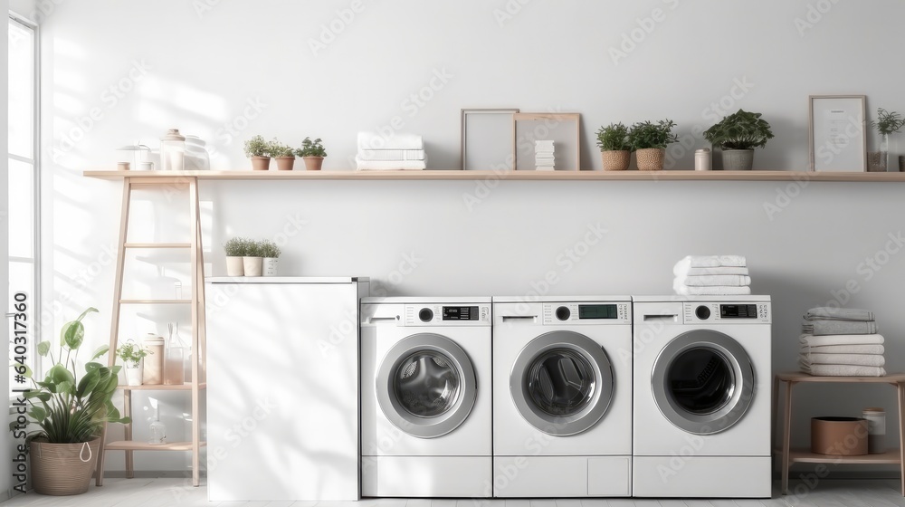 Modern Bathroom With Washing Machine.