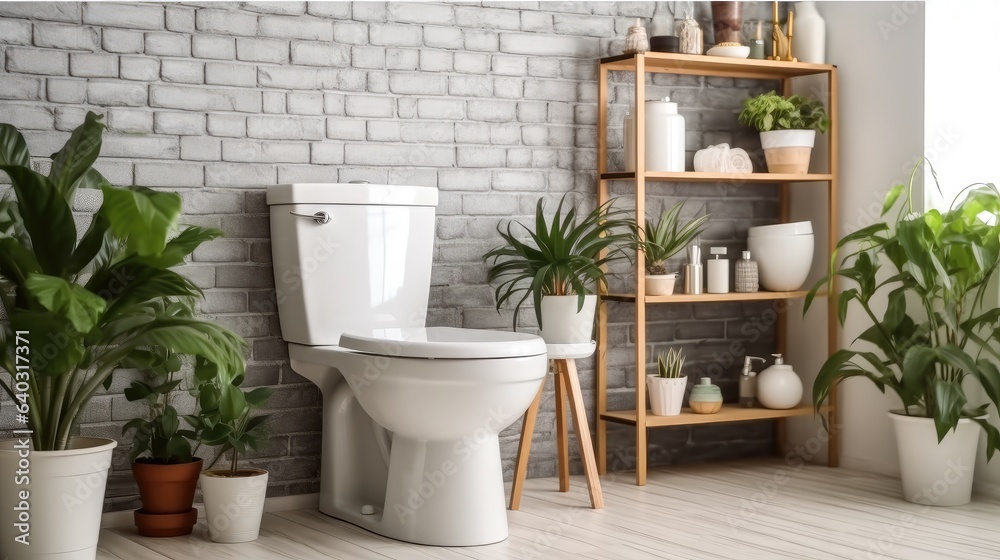 Modern bathroom interior, Ceramic toilet bowl with shelving unit.