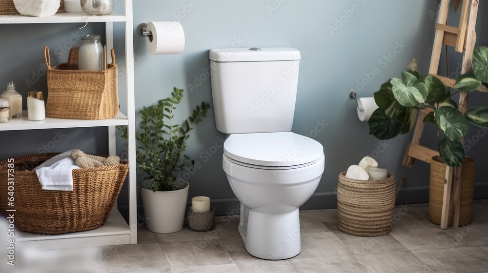 Modern bathroom interior, Ceramic toilet bowl with shelving unit.