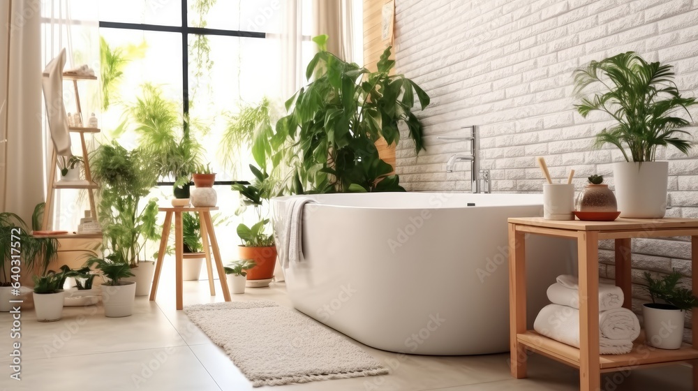 Interior of bathroom and bathtub in modern house.