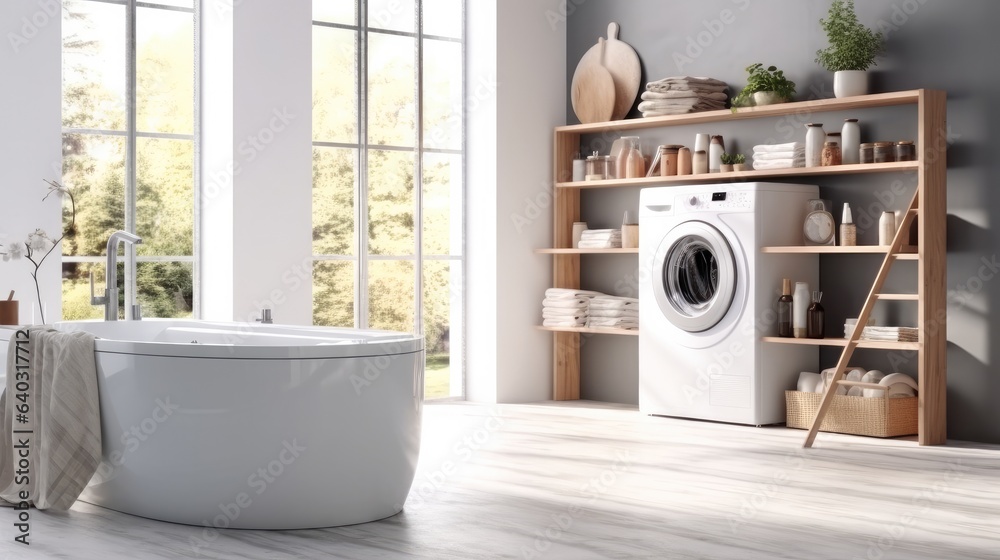 Laundry room with washing machine in modern house.