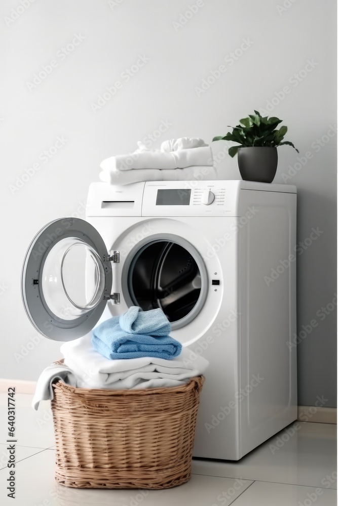 Laundry room with washing machine in modern house.