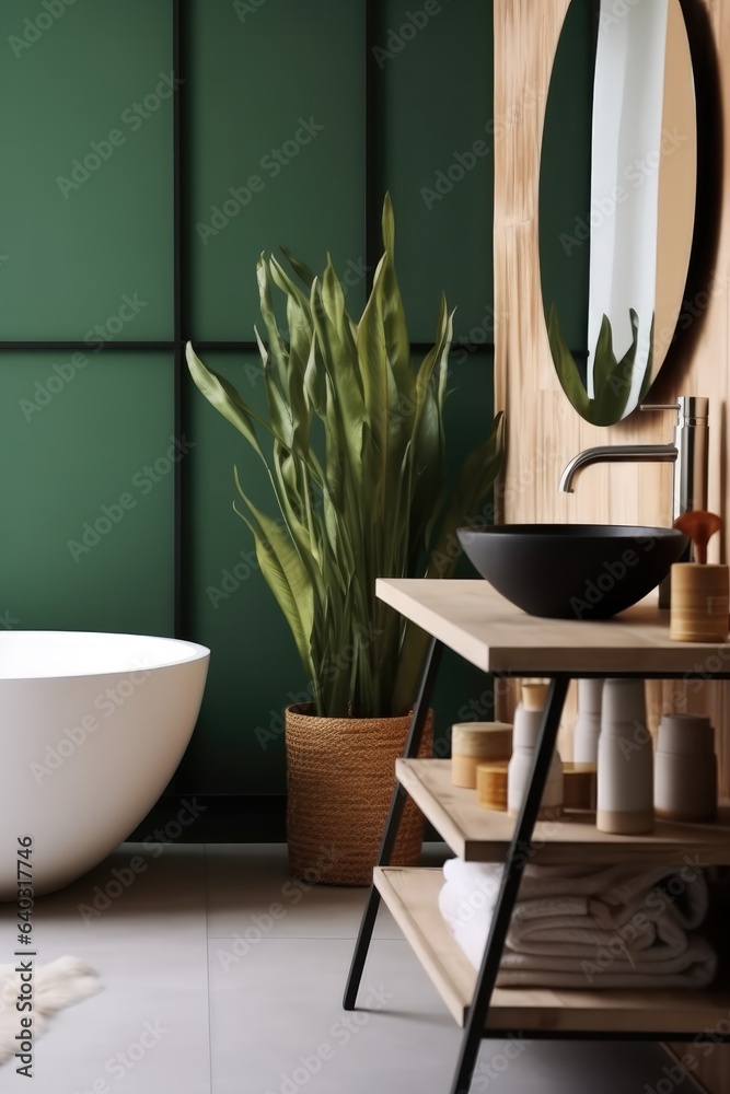 Interior of an elegant bathroom, Sink bowl on wooden cabinet and shelving unit.