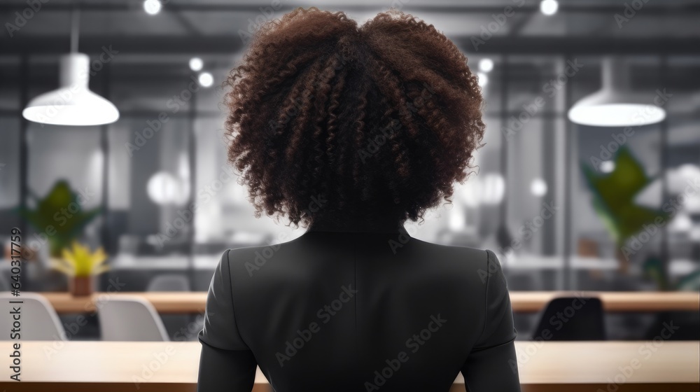 Rear view, Black businesswoman standing at office.