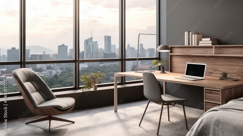 Table with laptop and bedroom interior at Apartment.