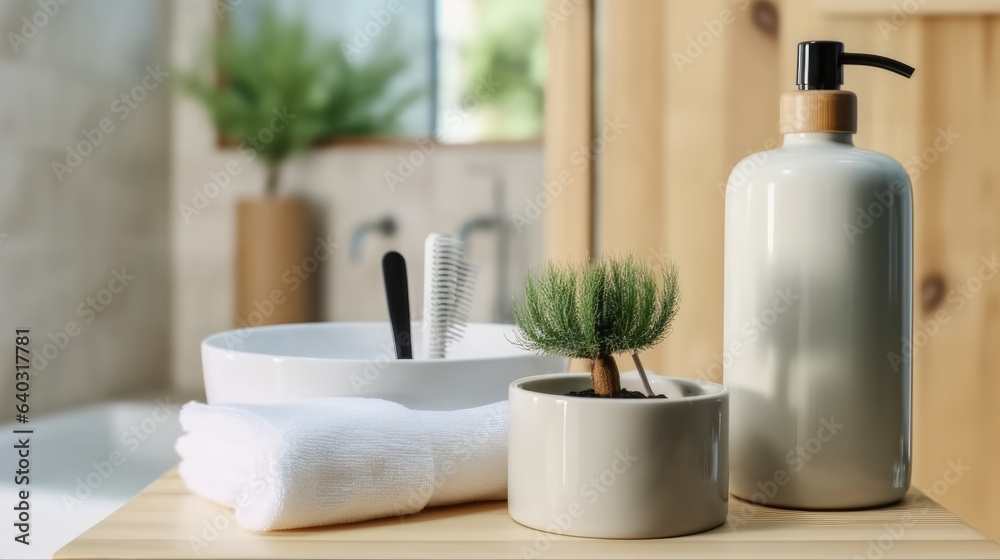 Interior of modern restroom with soap dispenser and cup with toothbrushes on table in house.